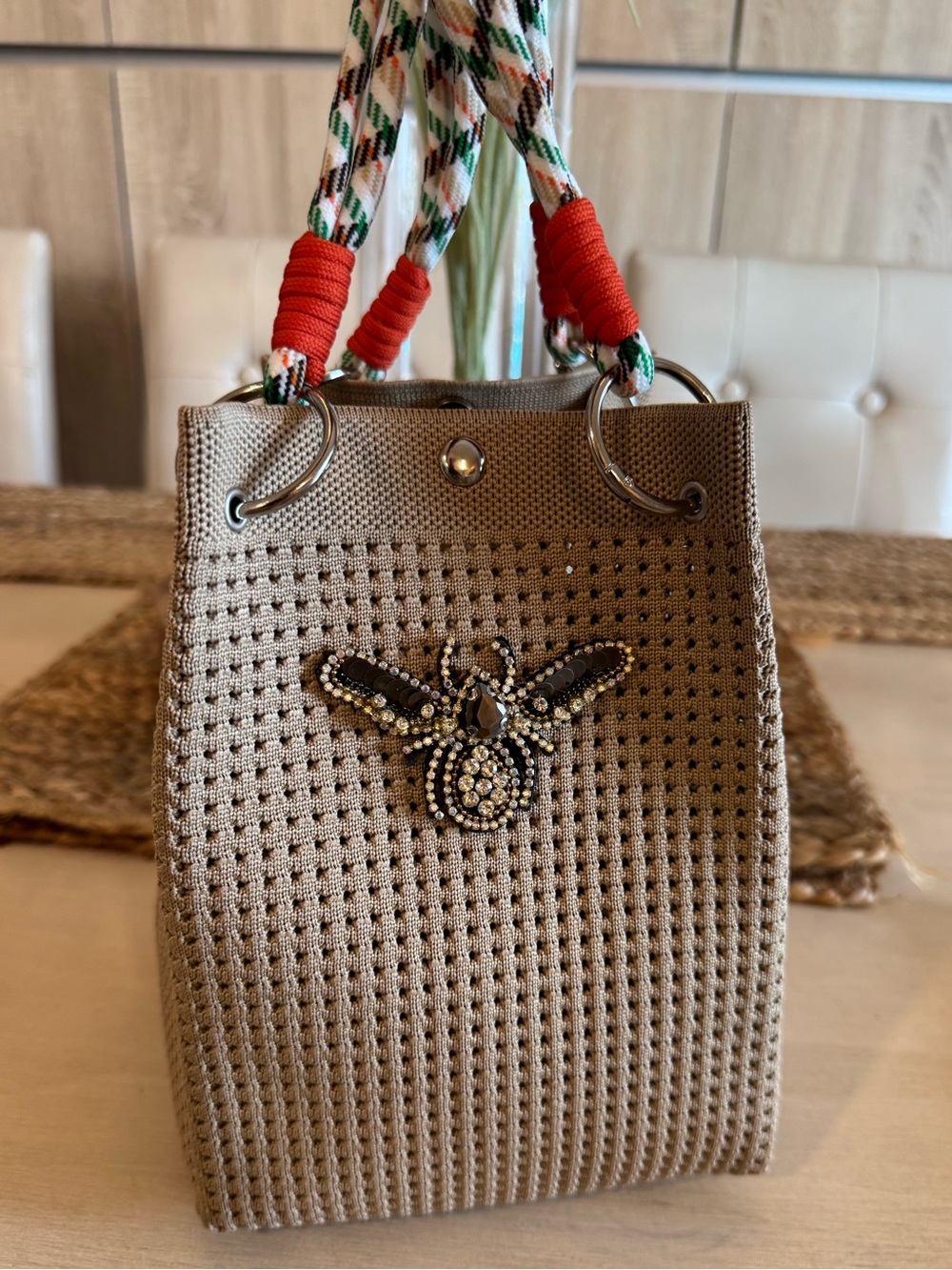 Beige Woven Bee Charm Tote Bag by re-do Montauk, NY